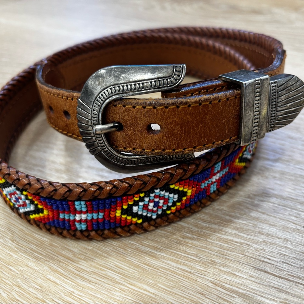 Brown Leather Belt with Beaded Design